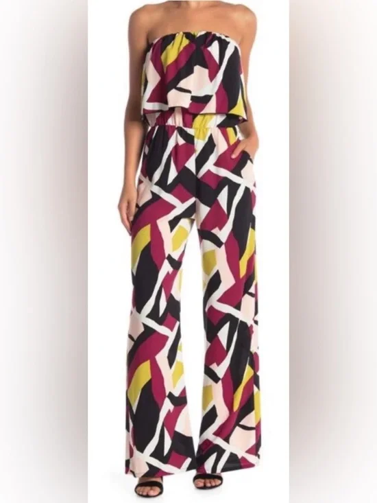 Mahina ~ Strapless Jumpsuit ~ in Black/Tan/White Palm Leaves Print - Picture 2 of 16